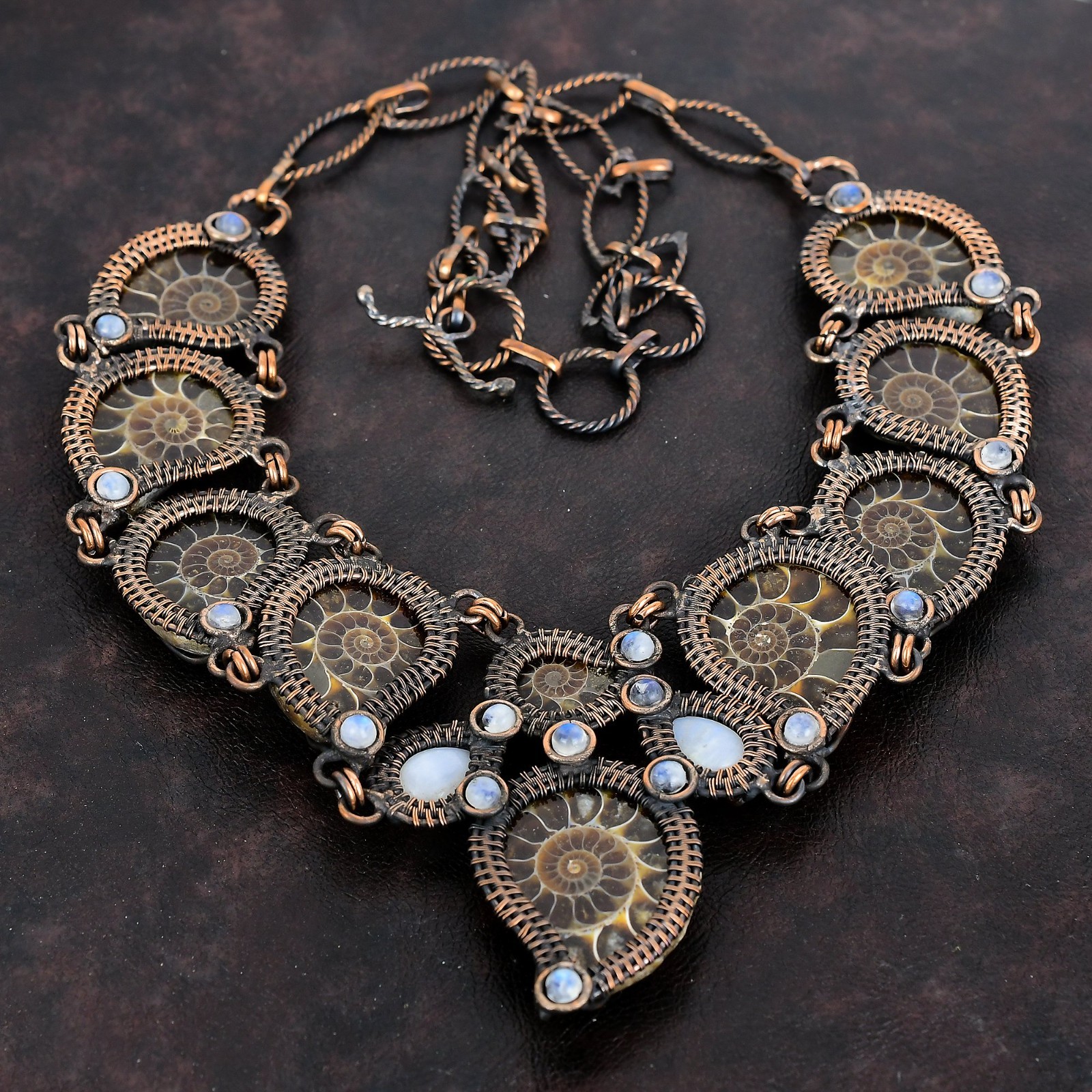 Ammonite Fossil Gemstone Necklace Copper Wire Wrap Moonstone Adjustable Necklace