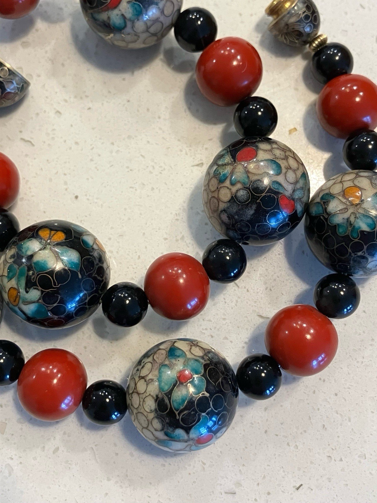 Vintage Huge Chinese Cinnabar Cloisonne Bead Necklace