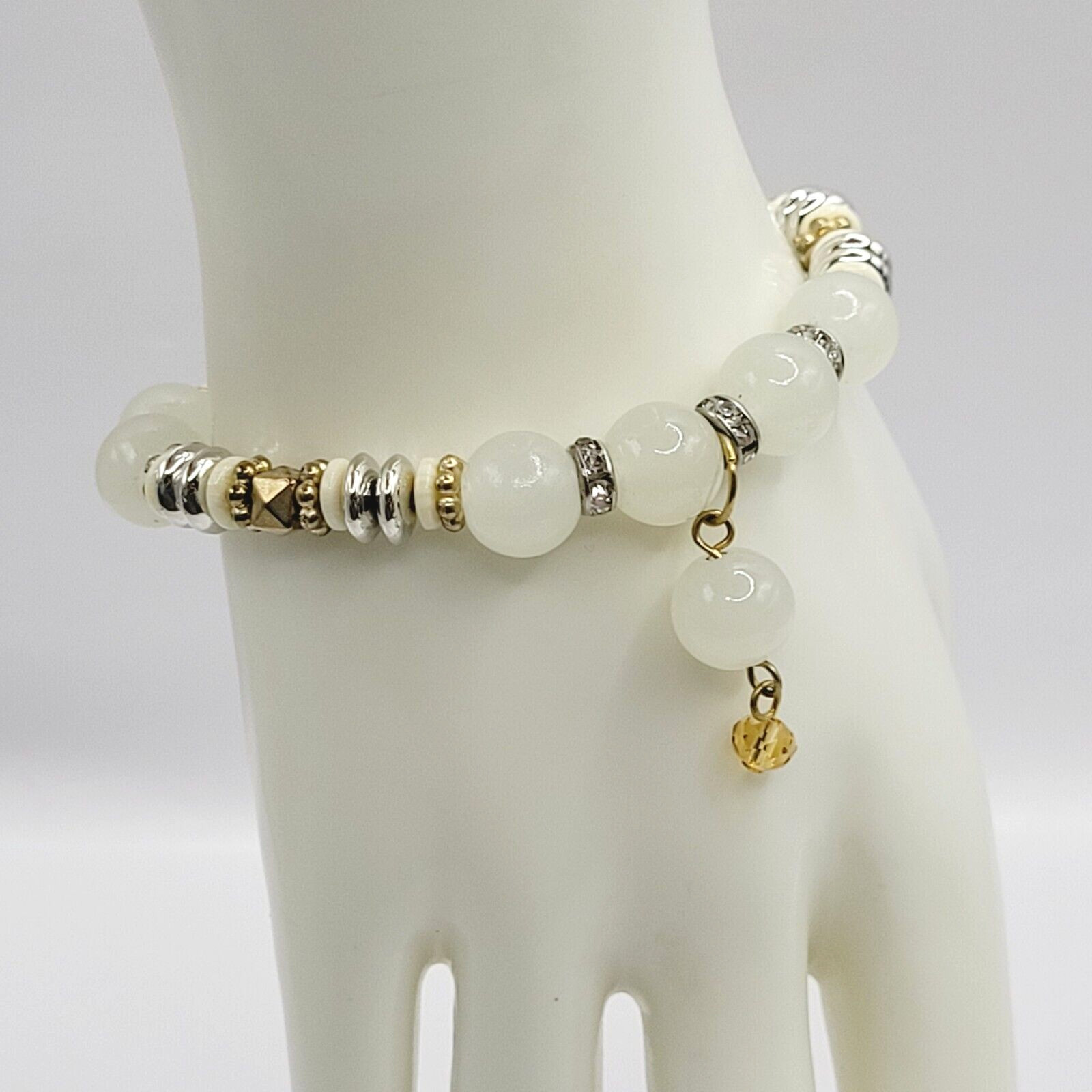 Modern Three Glass Bead w Rhinestone Jade Milky Glass Color Stretch Bracelet Set