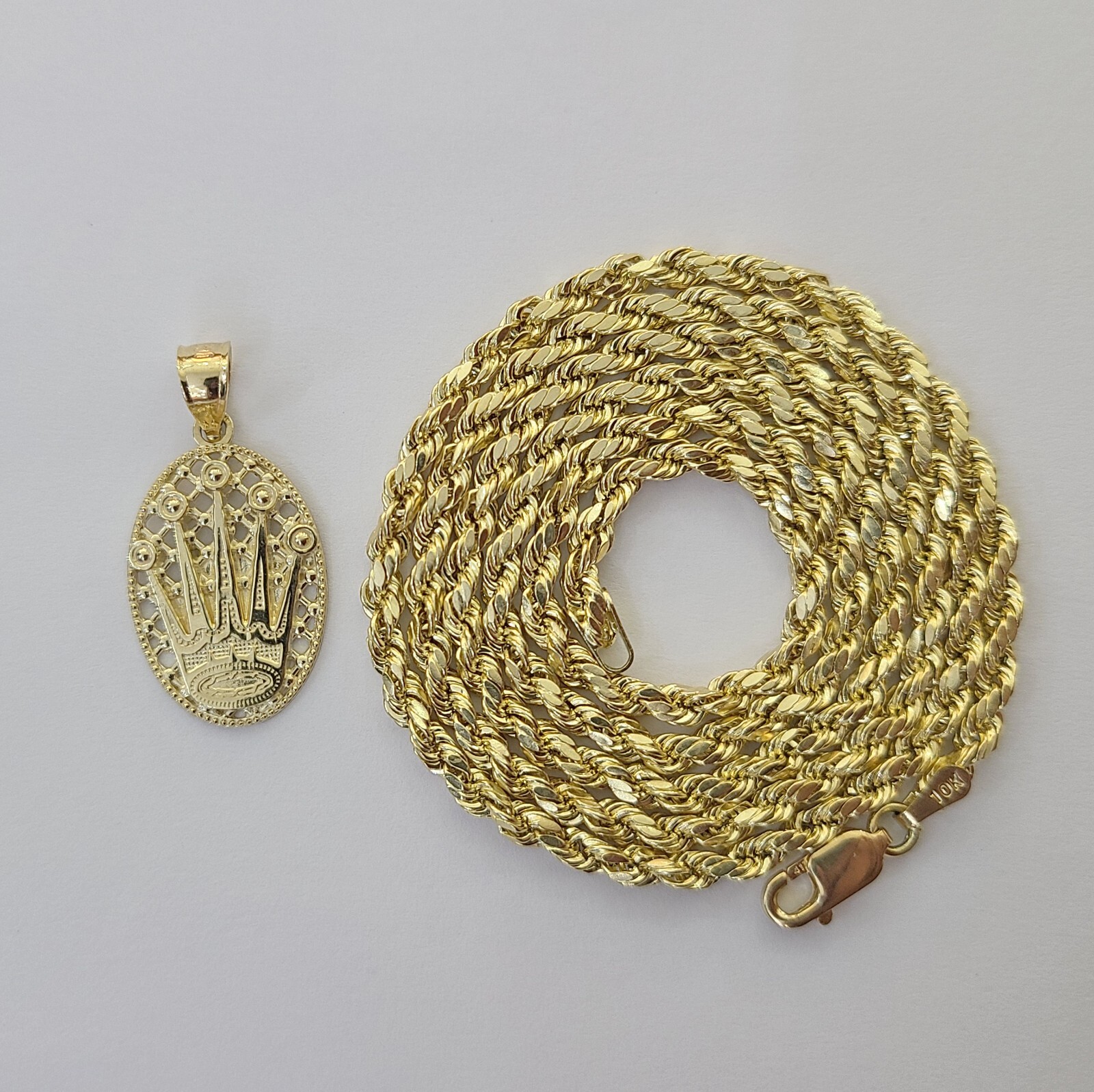 10K Yellow Gold Crown Pendent Charm 3mm Rope Chain 18″ 20″ 22″ 24″ 26″ Inch