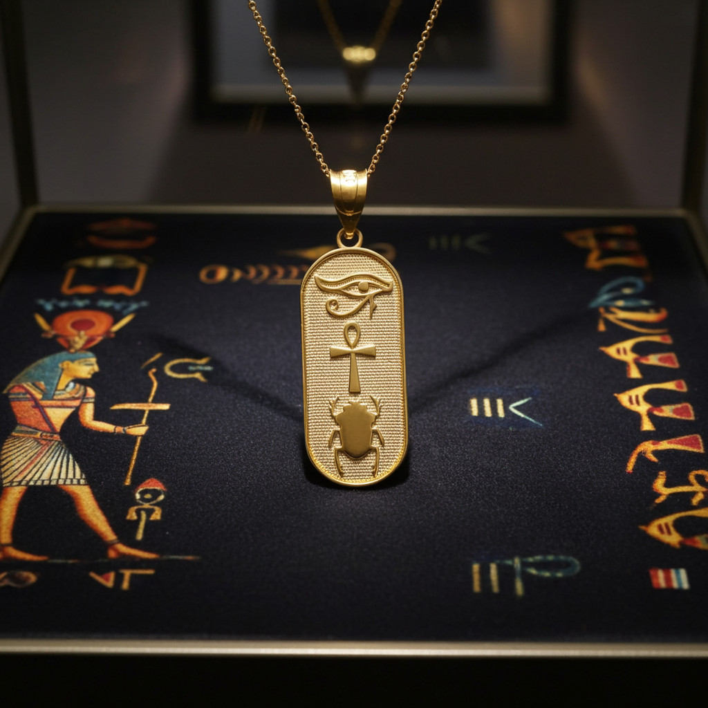 Yellow Gold Egyptian Symbols Eye of Horus, Ankh and Scarab Beetle Pendant
