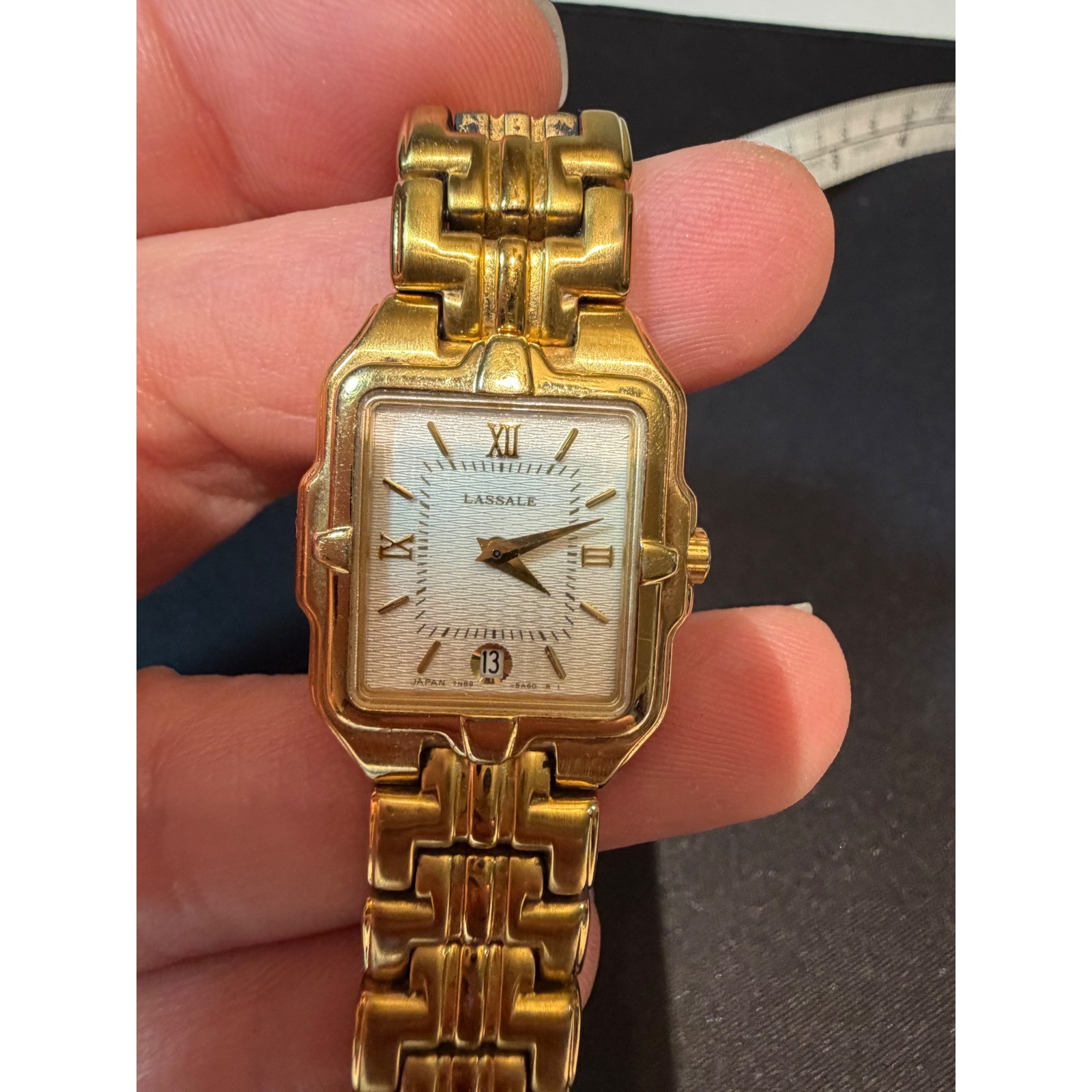 Lassale Seiko Gold Tone Square Face Watch 7N89-5A29 Date Sapphire Crystal 7in