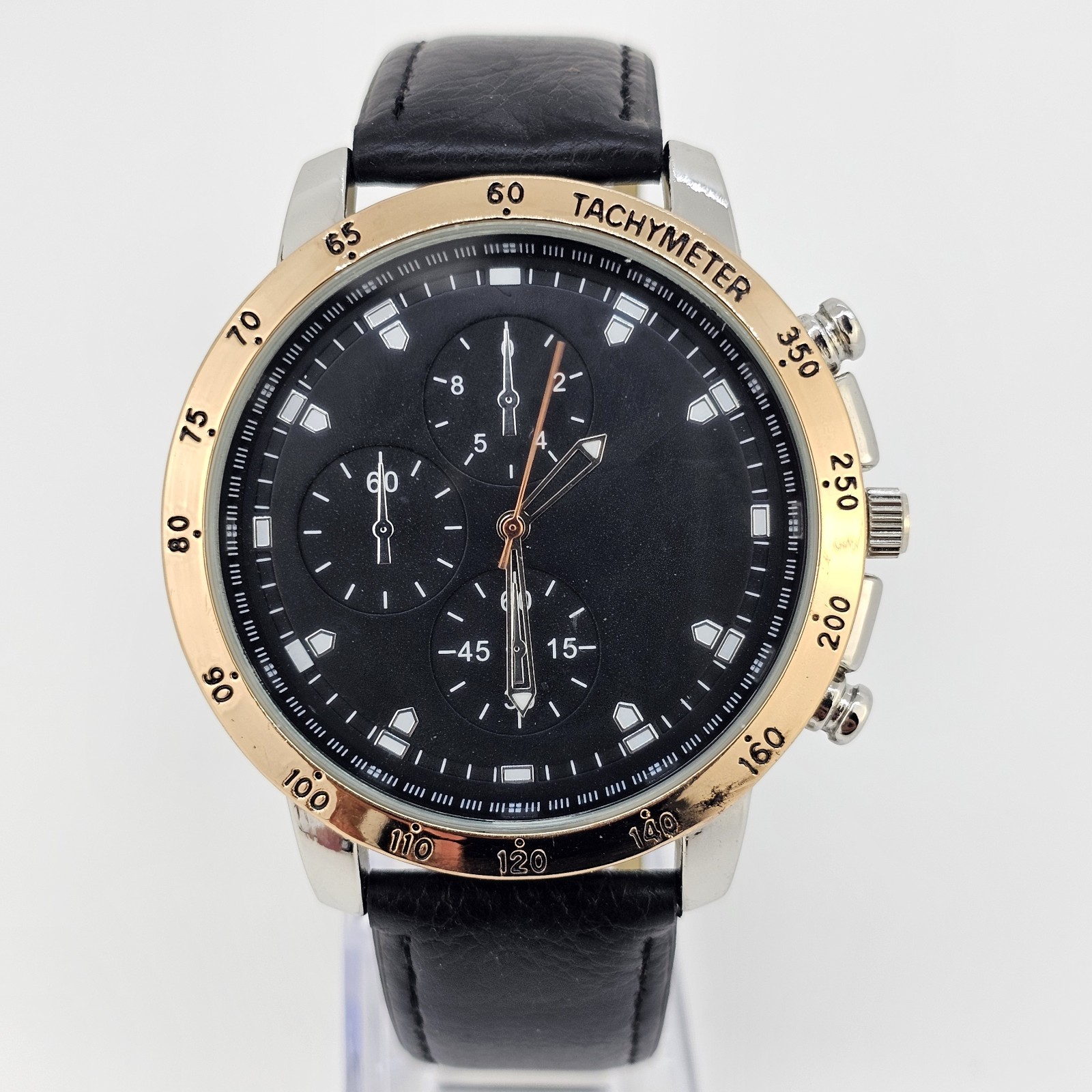 48MM Men’s Analog Watch Black Dial Black Faux Leather Bands New Battery