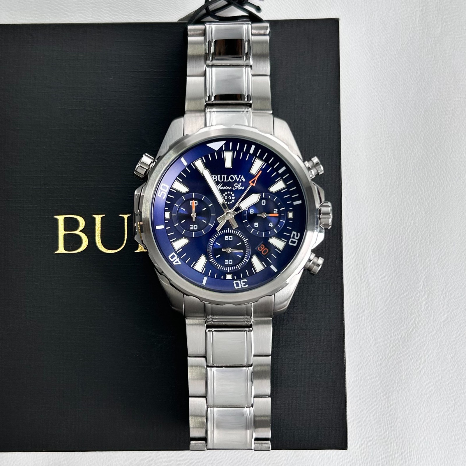 New Bulova Marine Star 96B256 Blue Dial Men’s Chronograph Quartz Watch 43MM