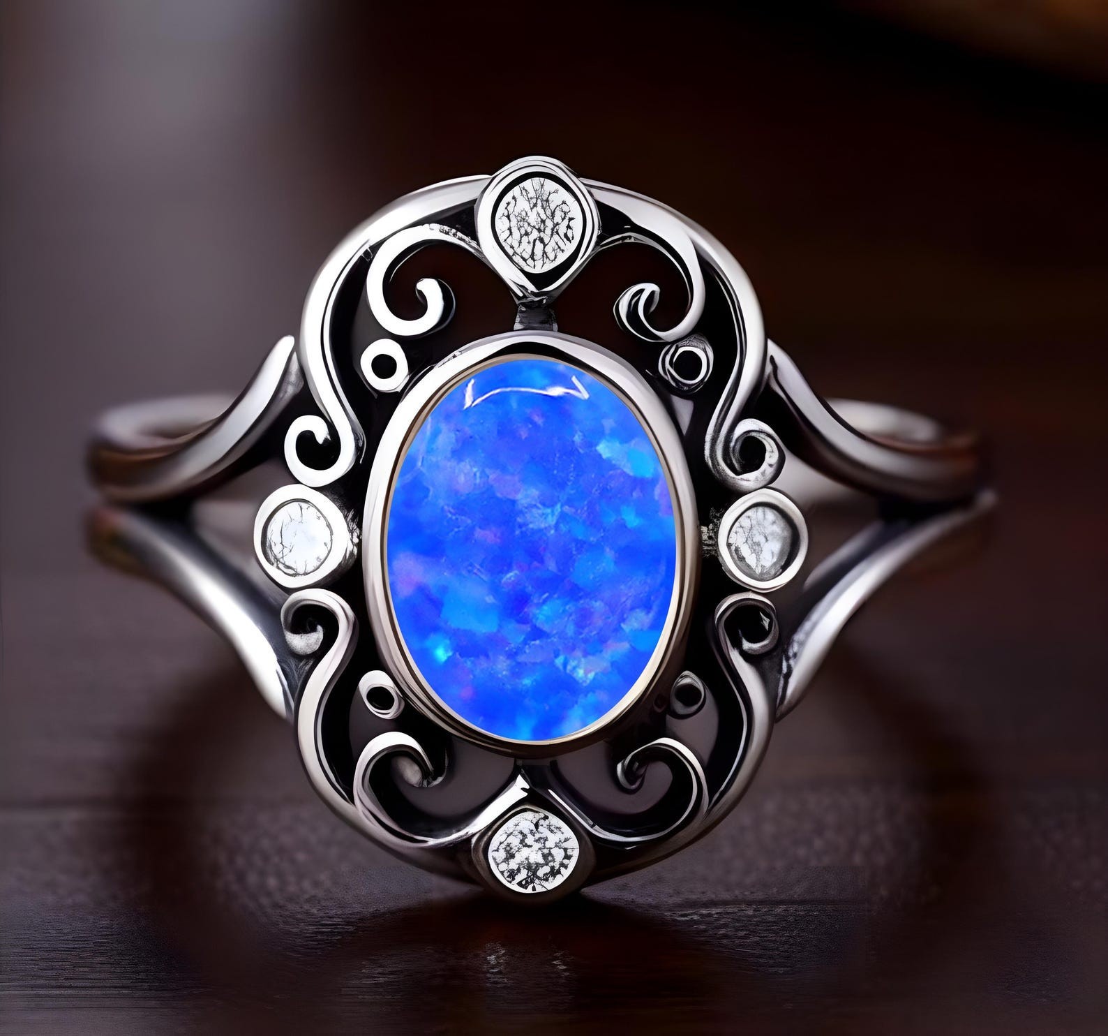 Blue Fire Opal Ring 925 Sterling Silver Black Ring Bridal Gift Ring Wedding Ring