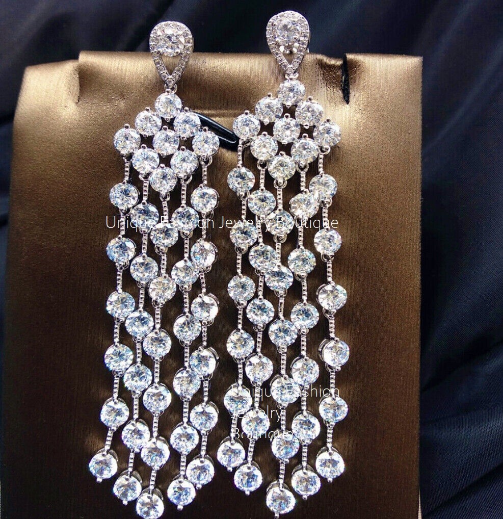 18k White Gold Filled Long Chandelier Earrings made w Swarovski Crystal Stone