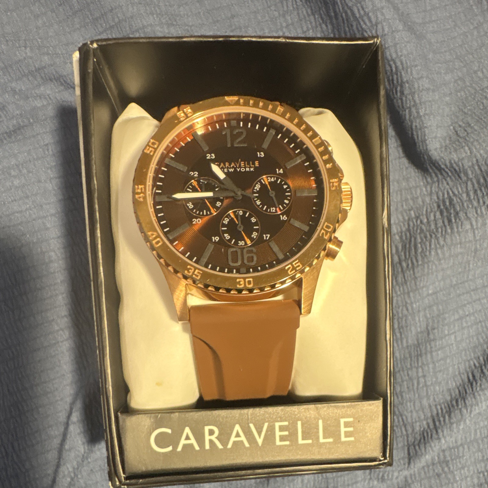 Caravelle New York Men’s Chronograph Quartz 44mm Gold SS Watch Brown Rubber