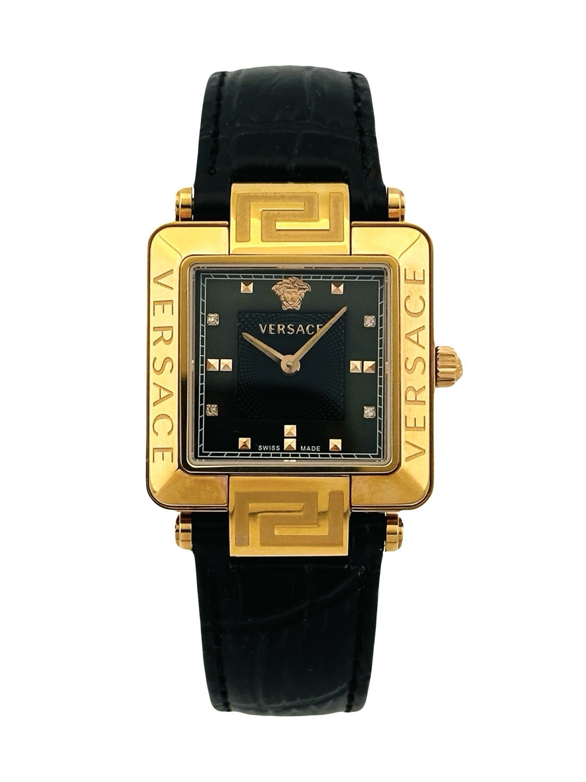 Versace Women’s 88Q80SD008S009 Rêve Carré Diamonds Black Leather Strap Watch 88Q