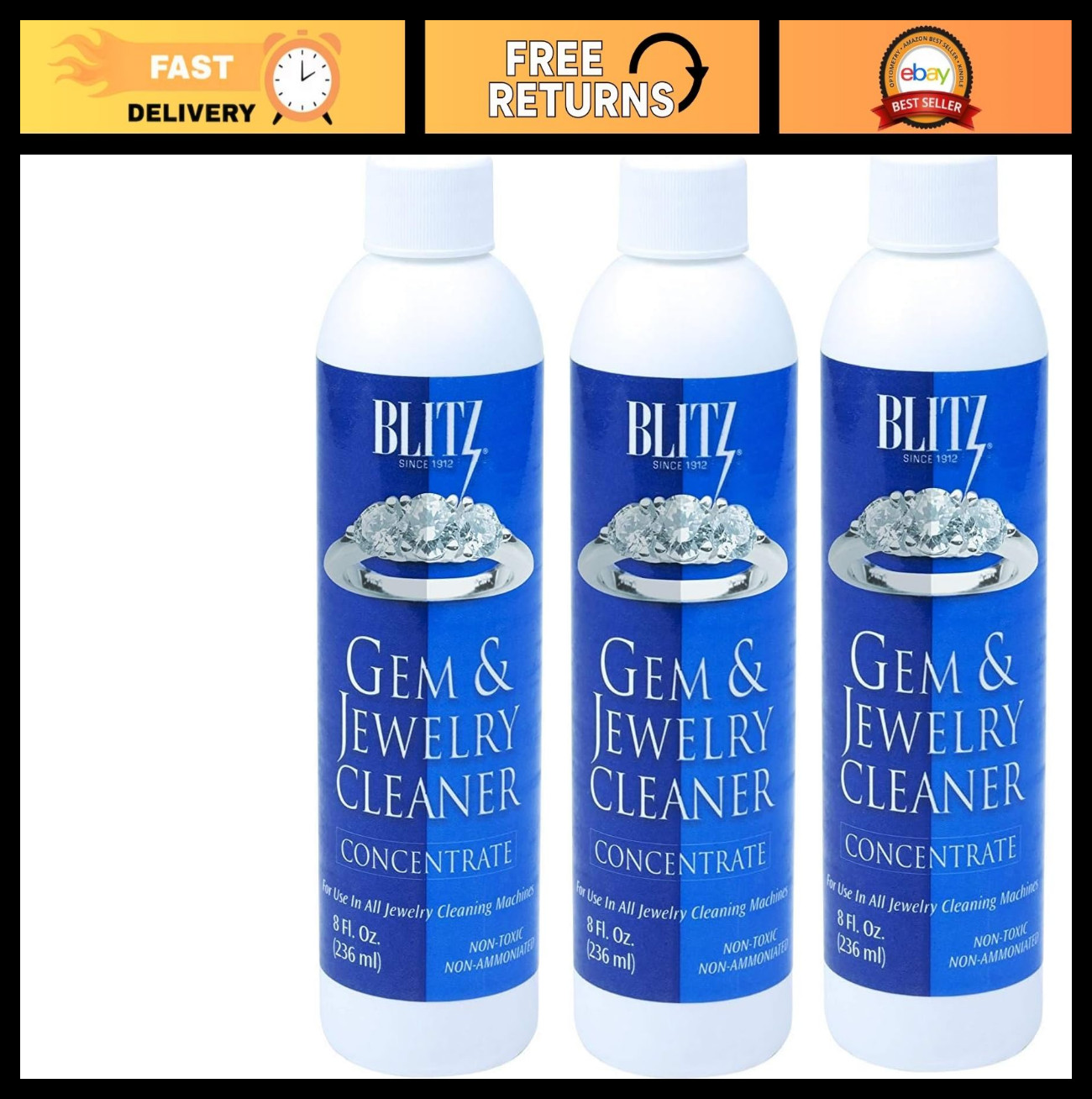 Jewelry Cleaner Liquid Concentrate for Gold, Silver, Platinum & Stones – 8oz Non