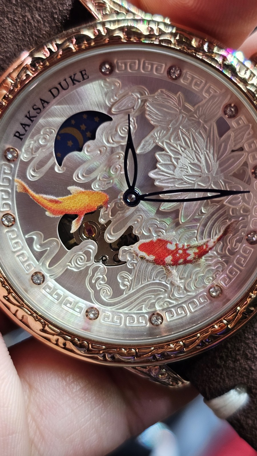 Tevise Raksa Duke T890DF Mechanical Watch 3D Koi Fish Dial, With New Suede Strap