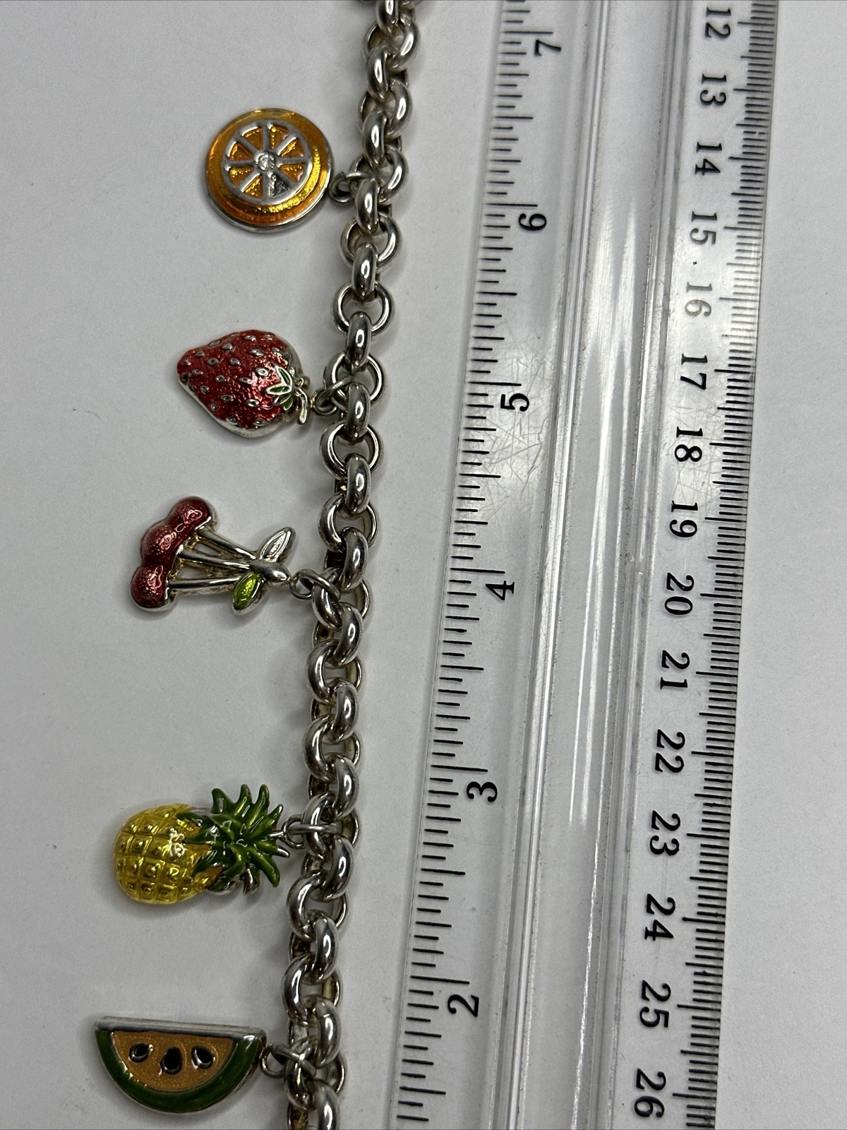 Best Brand Charm Bracelet Fruit Cherry Orange Strawberry Pear Silver Plated 8″