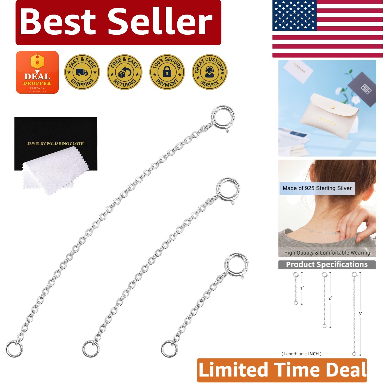 Italian-Made Sterling Silver Necklace Extender Set for Women – Elegant & Durable