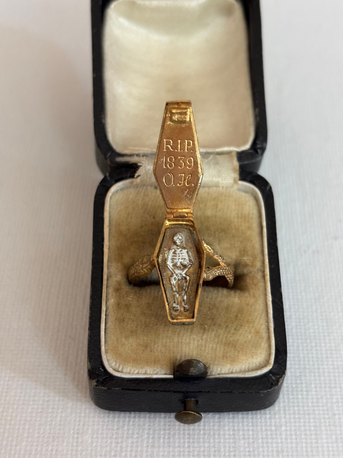 Ant. French Imperial Memento Mori Snake Casket Pill Box Silver Gild Enamel Ring
