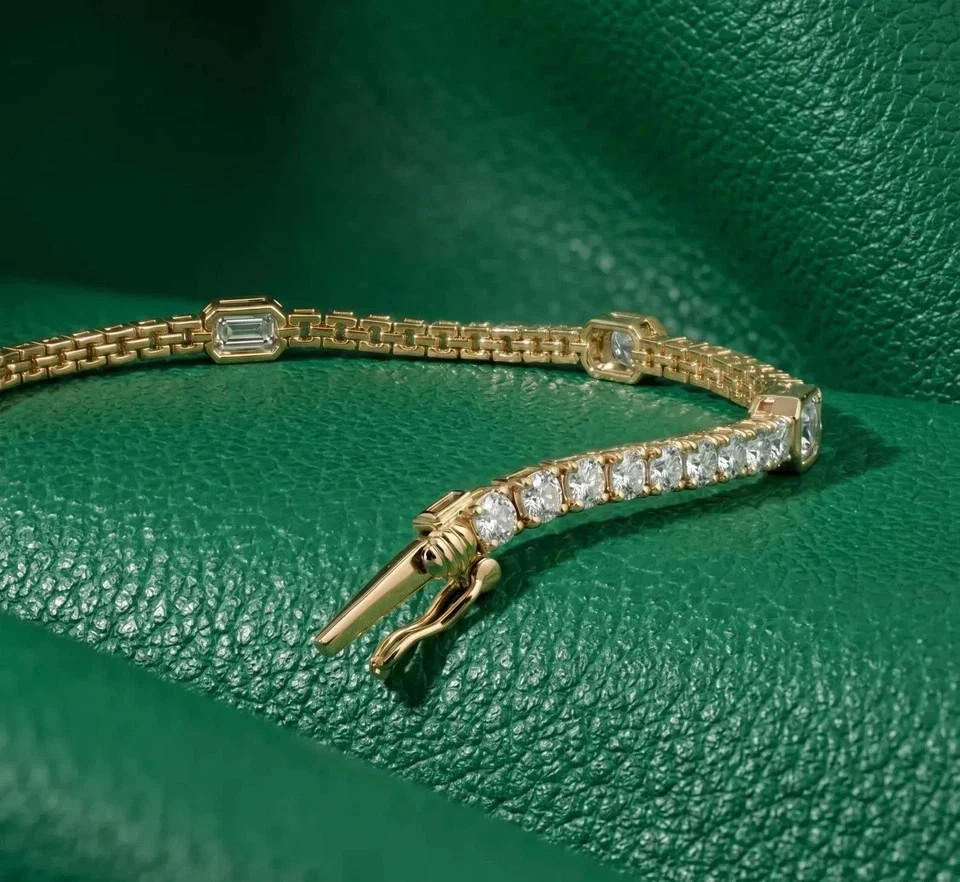 4Ct Emerald Cut Lab Created Diamond Women Tennis Bracelet 14K Yellow Gold Plated