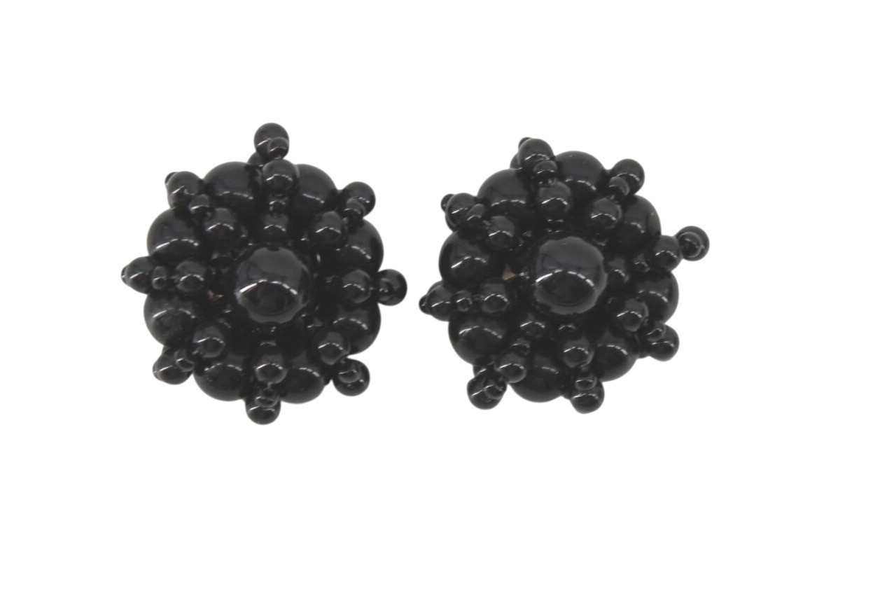 Black Beaded Clip On Earrings Vintage Beaded 94482