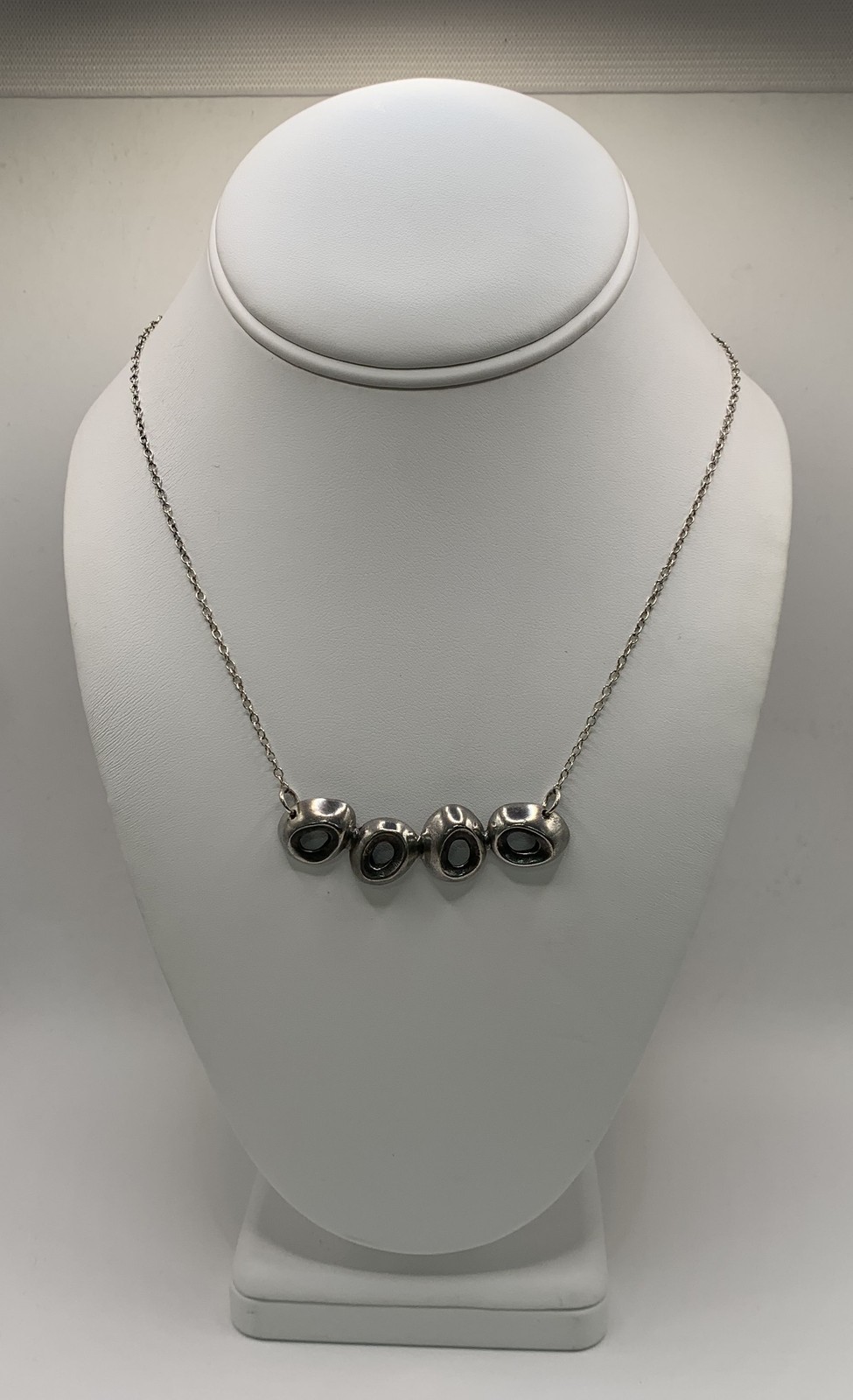 Sterling Silver 925 Pewter Modernist Organic Pebble Charm Necklace 18″ 11.7g