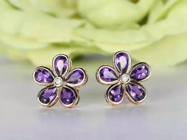 2.1Ct Pear Cut Lab-Created Amethyst Women’s Stud Earrings 14K Yellow Gold Plated