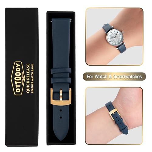 Leather Watch Bands Quick Release Watch Straps, 20mm Dark Blue (Glod Buckle)