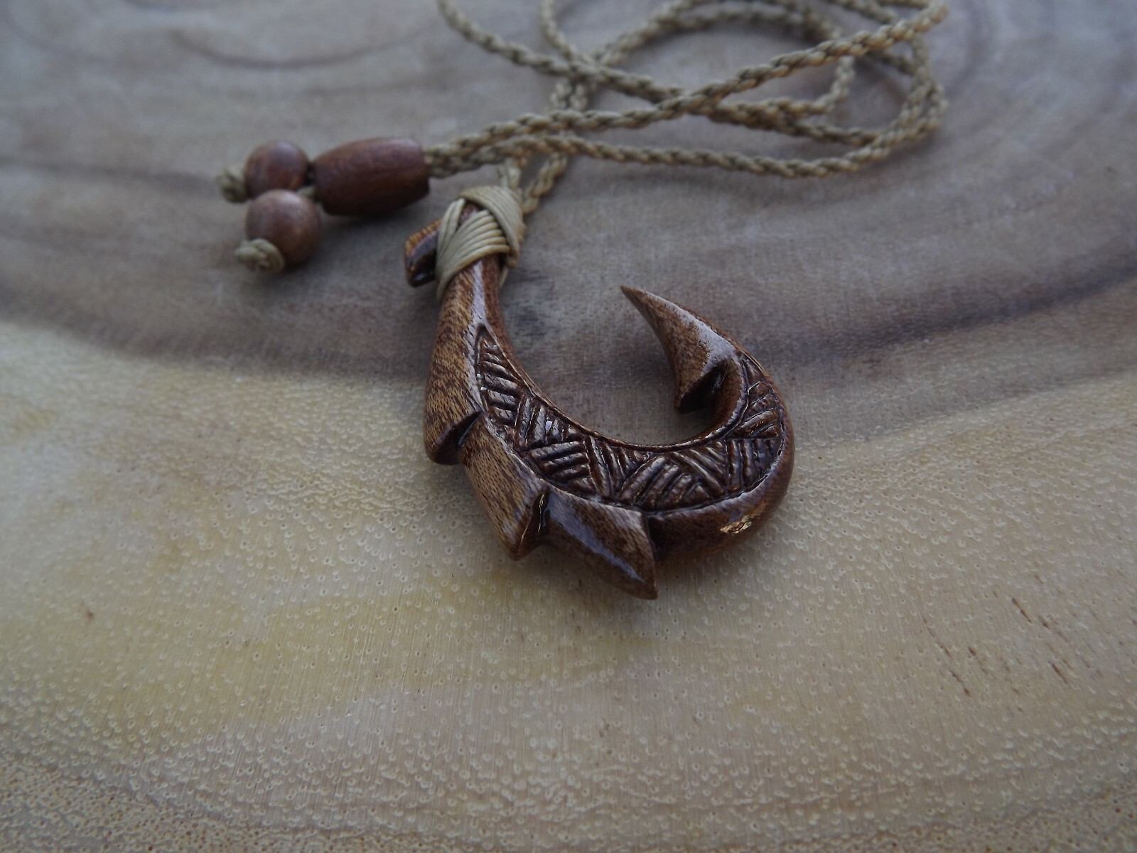 Hawaiian Fish Hook Adjustable Necklace Genuine Buffalo Bone Koa Wood Green Jade