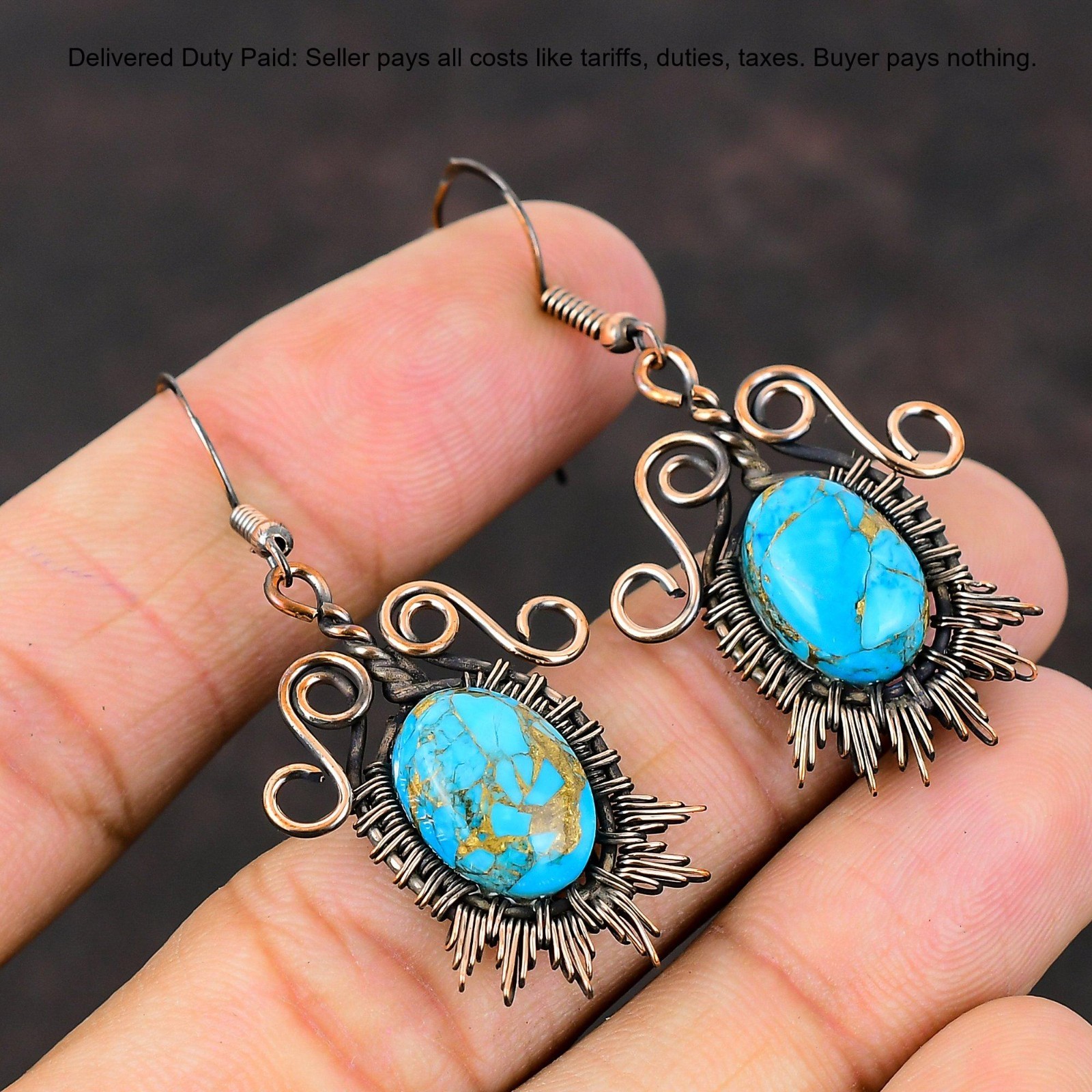 Christmas Deal Copper Copper Blue Turquoise Gemstone Drop Dangle Mother Earrings
