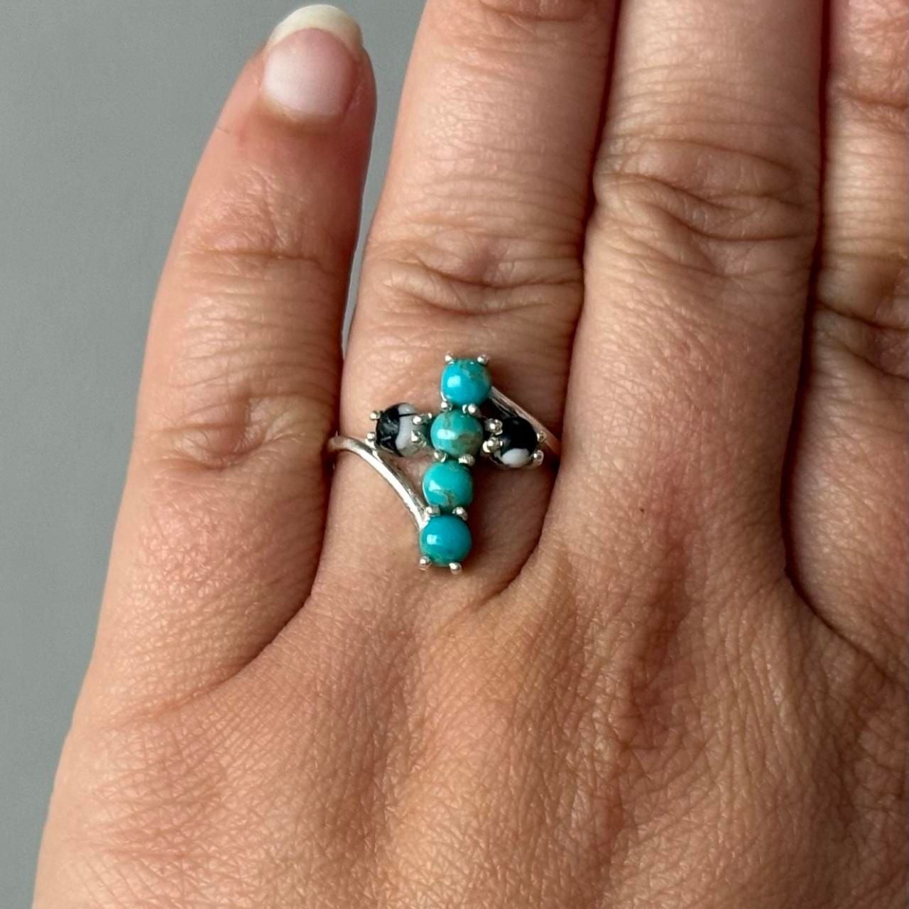 Sterling Silver White Buffalo and Kingman Turquoise Cross Ring
