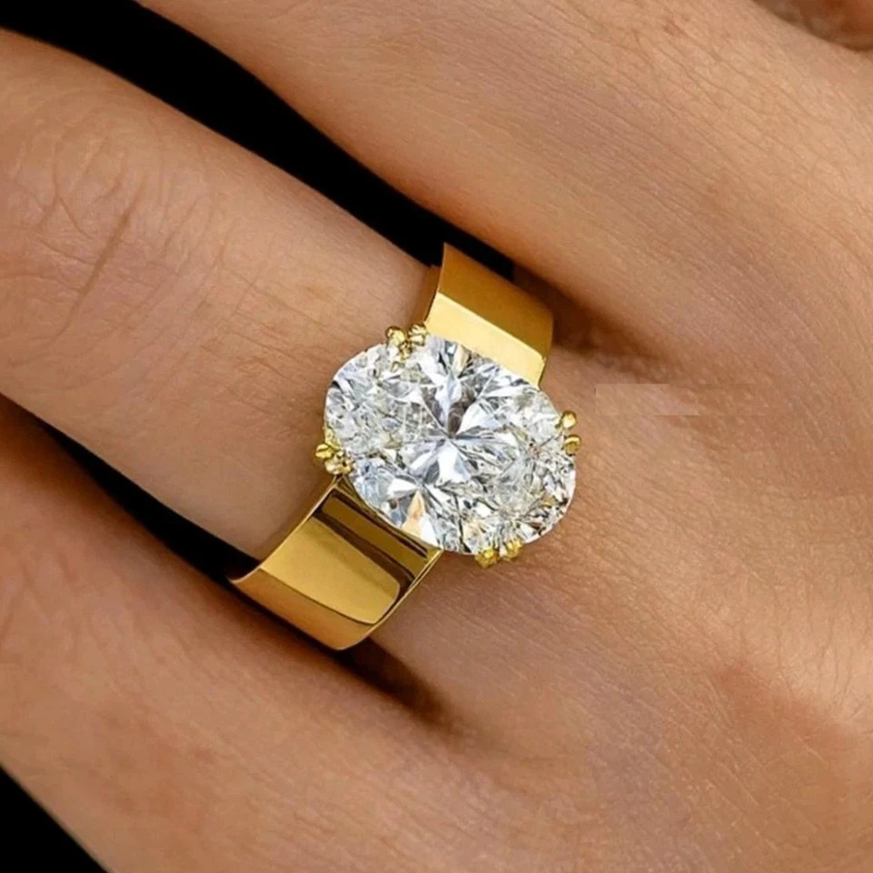 3CT Oval-Cut VVS1 Moissanite Solitaire Engagement Ring 14K Yellow Gold Plated