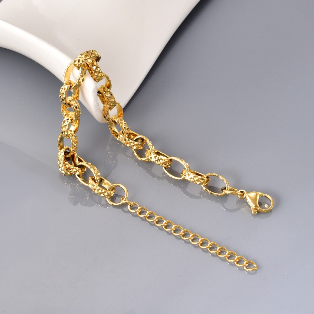 7mm Women 18K Gold Plated Texture Rolo Chain Bracelet Bangle Anti-tarnish 8.7”