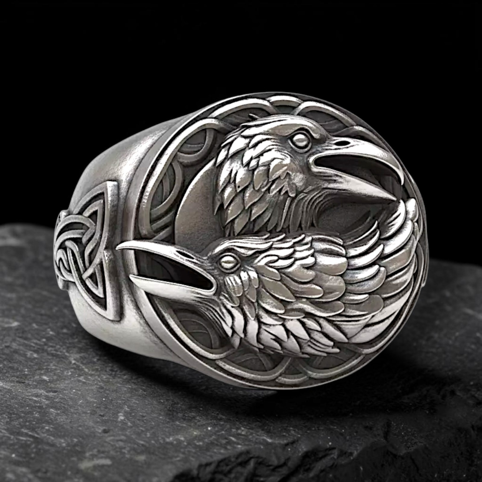 Sterling Silver Viking Raven Ring, Odin Huginn Muninn Norse Signet, Celtic Knot