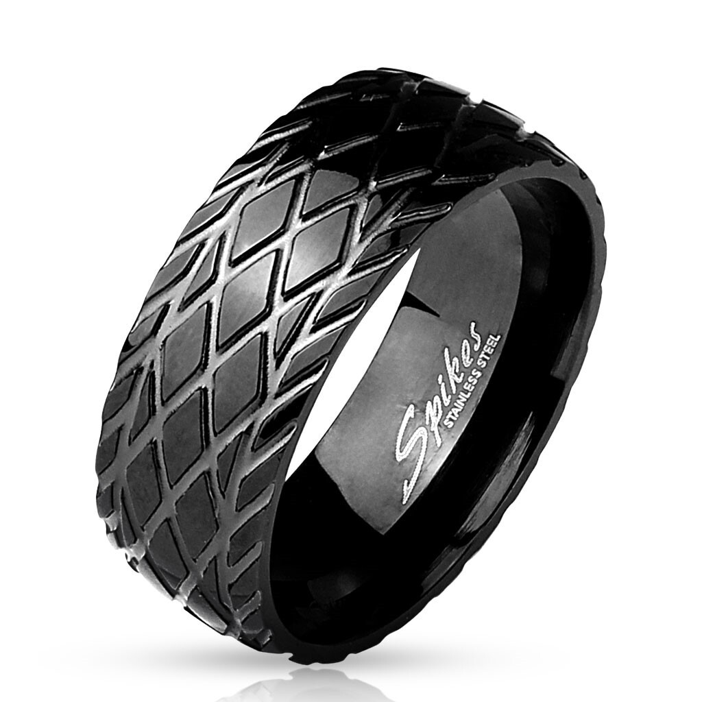 Black Stainless Steel Men’s Tire Track Wedding Band Ring Size 9-13