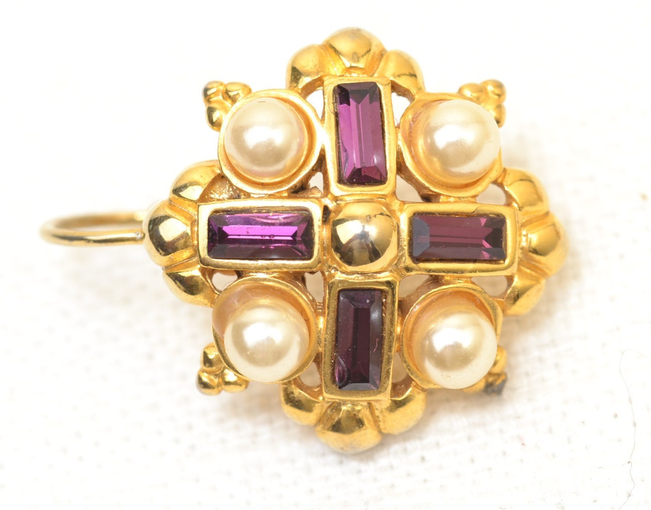 Byzantine Revival Gold Tone Earrings Faux Amethyst/Pearl Maltese Cross VENUE VTG