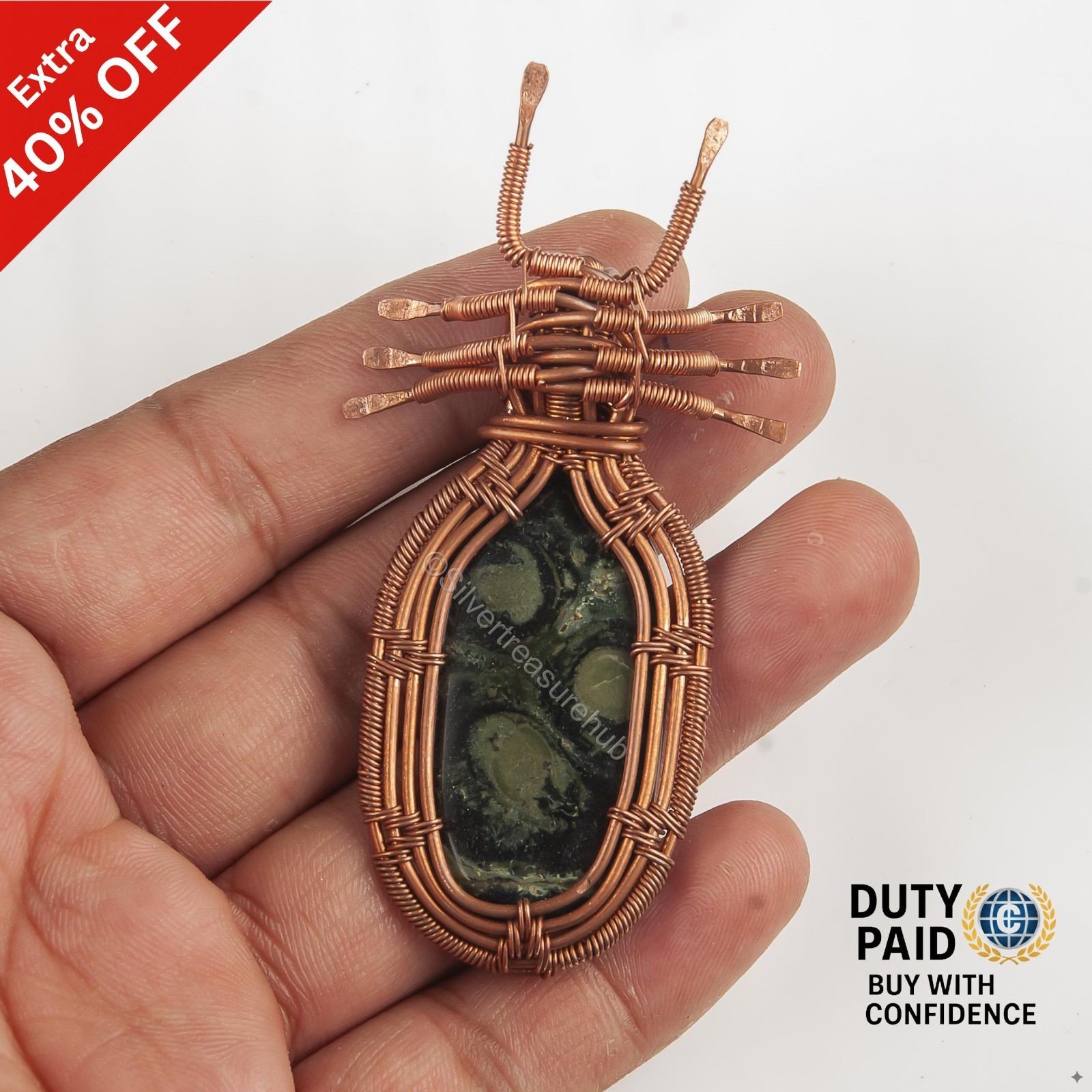 OVAL Kambaba Jasper Stone Anniversary Wire Wrap Art Deco Unique Pendant Copper