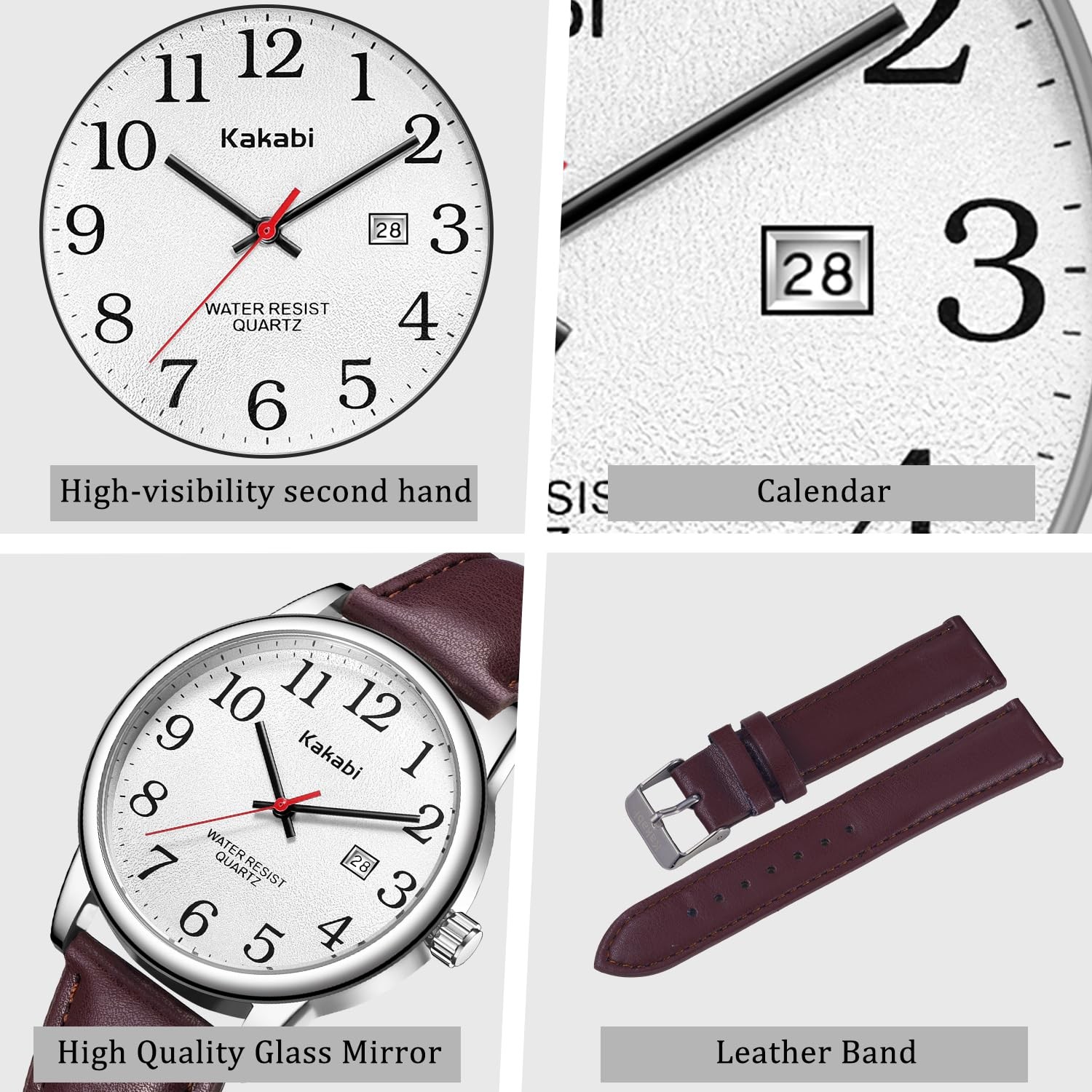Kakabi Watch for Men, Easy Reader Unisex 03-Reddish-brown/Silver-Tone/White
