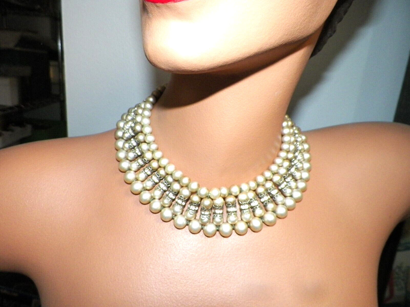 VTG FAUX PEARL & RHINESTONE COLLAR NECKLACE