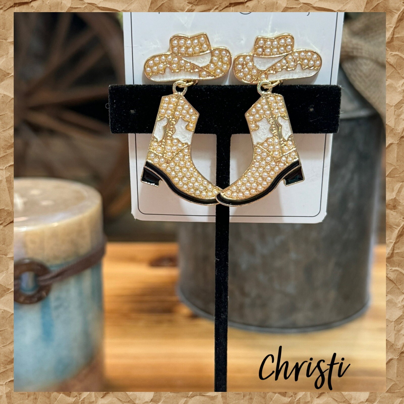Western Style Post Back White Dangle Cowboy Hat And Boot Earrings W/ Pearls