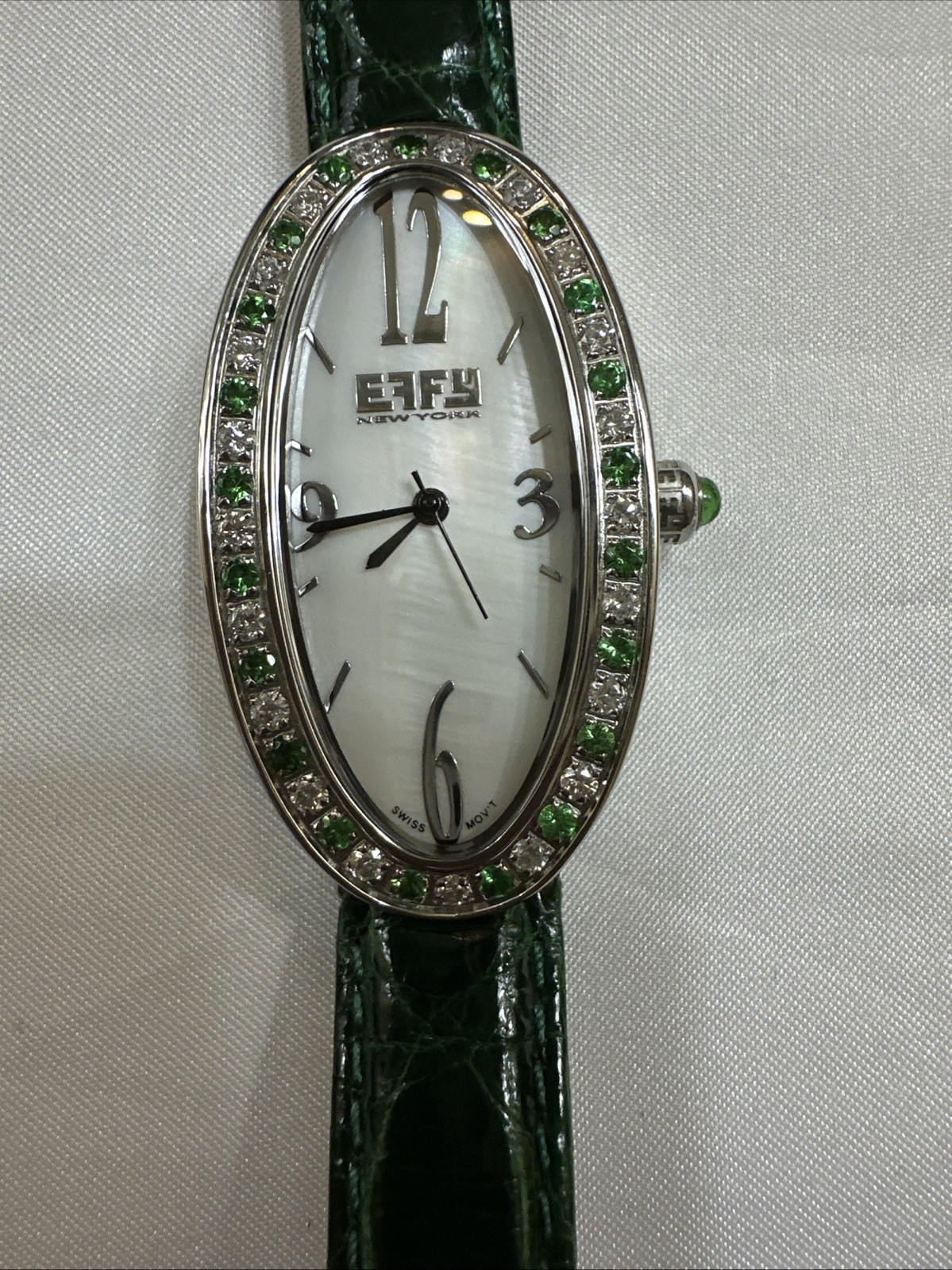 Effy Diamond & Tsavorite 1.78 Ct Swiss Quartz Ladies Watch Green Crocodile Strap