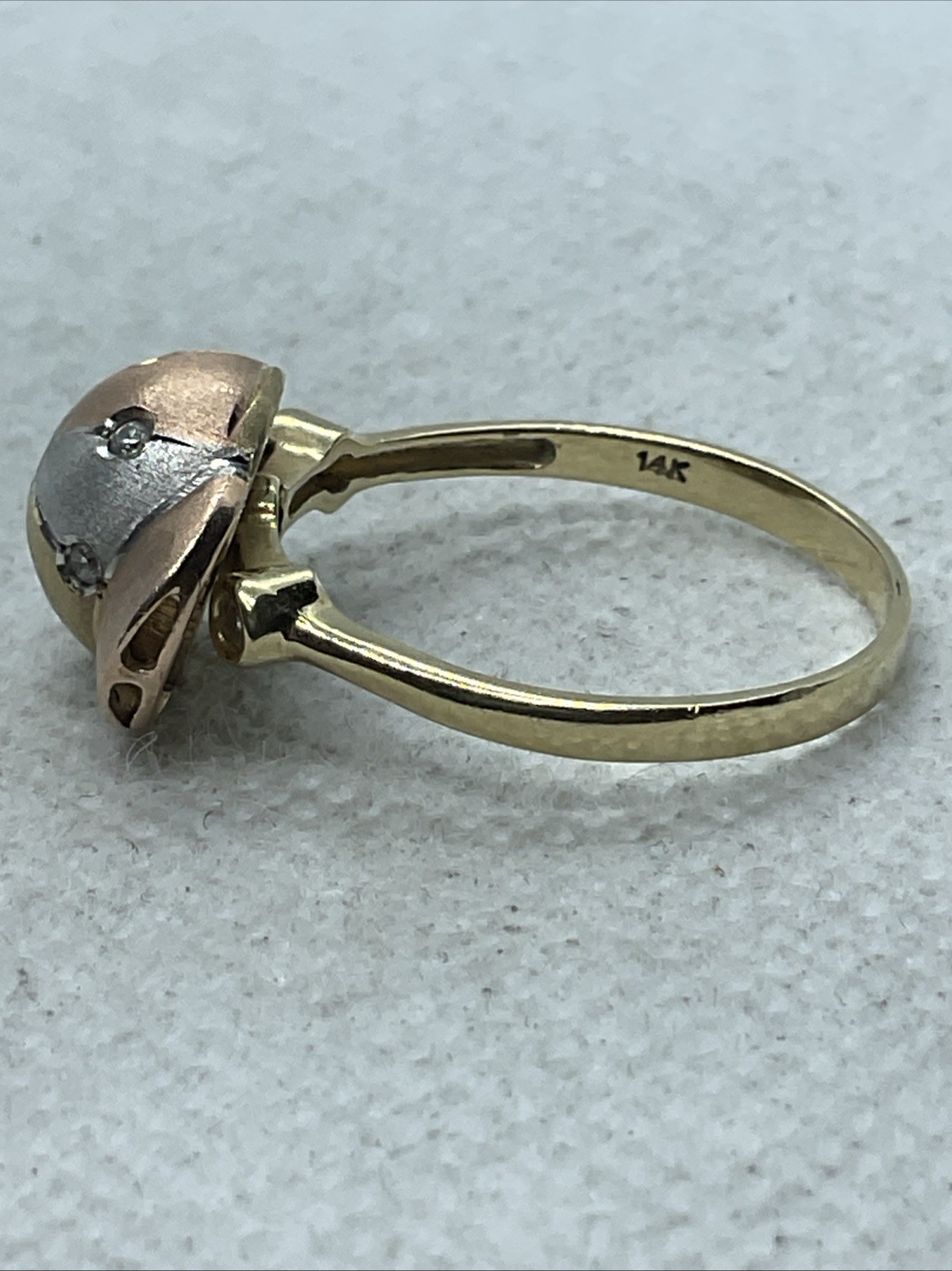 HANDMADE Solid 14K Tricolor Gold White CZ DOME Style ROTATING BASEBALL CAP Ring