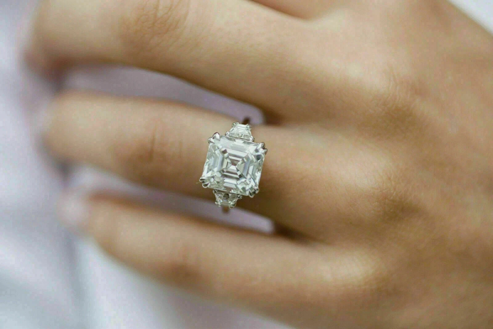 Asscher-Cut Lab Created Diamond 3Stone Engagement Ring 14K White Gold Plated
