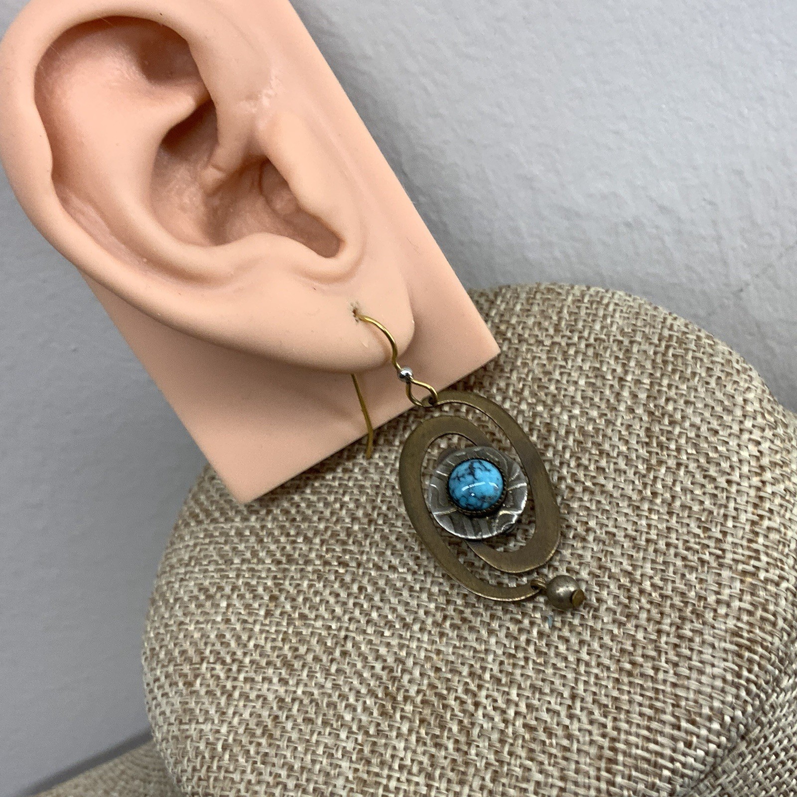 Artisan brass spiral faux turquoise cabochon boho earrings