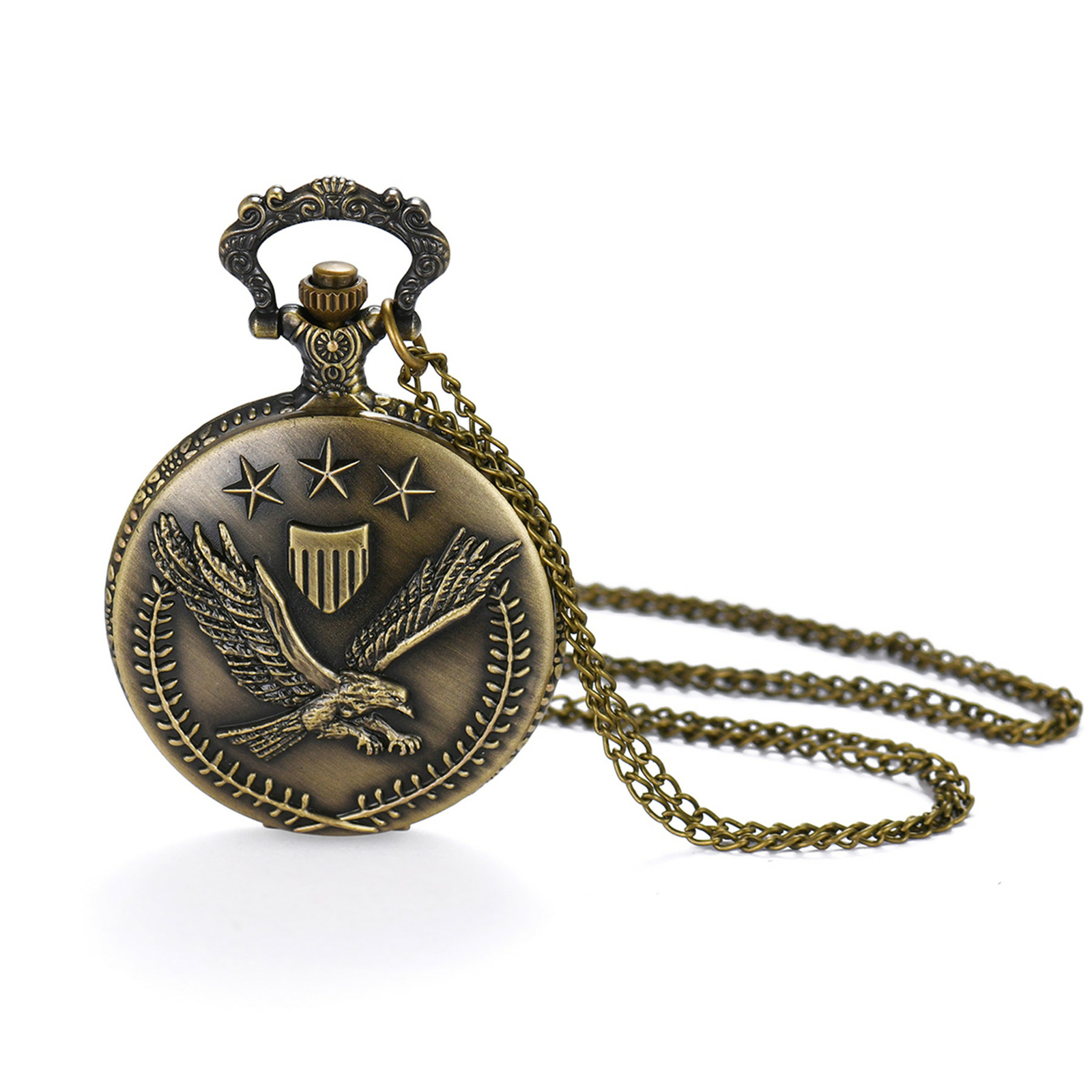 Antique Bronze Tone American Bald Eagle Hunter Quartz Pocket Watch Sweater Chain