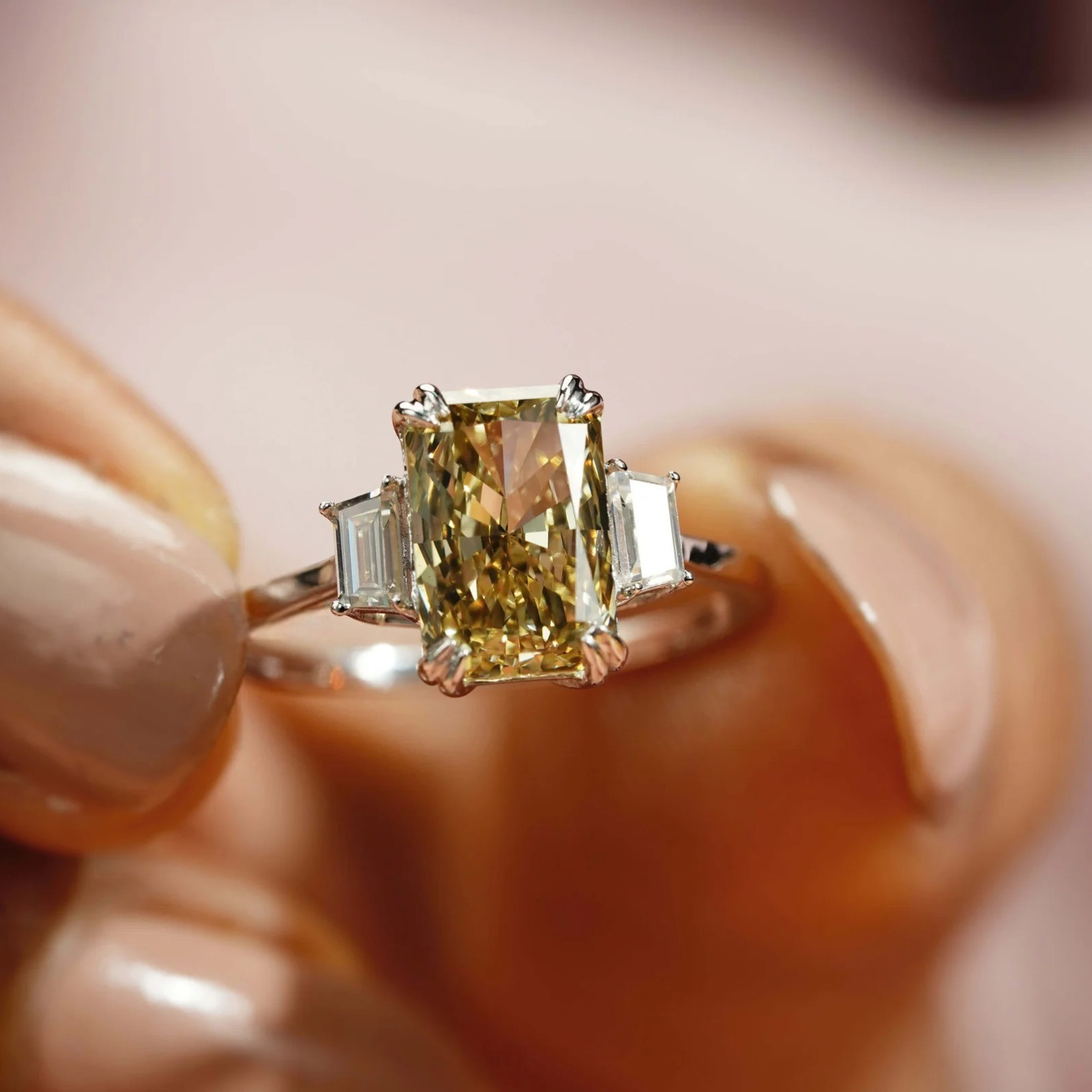 2.30 CT Radiant Cut IGI Lab Grown Diamond Ring 14K White Gold Fancy Vivid Yellow