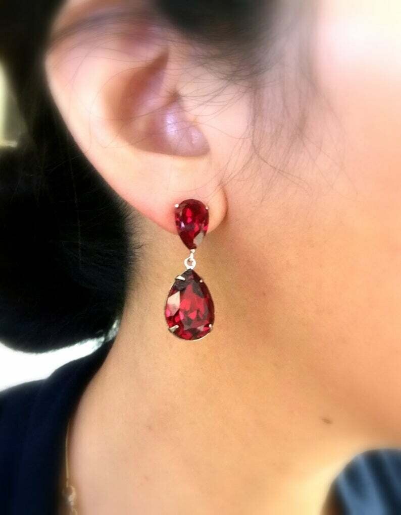 Pear Cut Simulated Garnet Stunning Drop/Dangle Earrings In 14k White Gold Plated