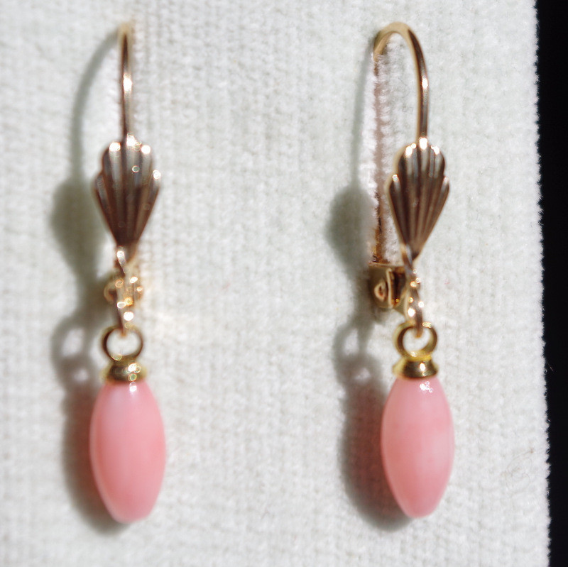 14K Gold Over Brass Small Angel Skin Soft Pink Coral Lever Back Earrings