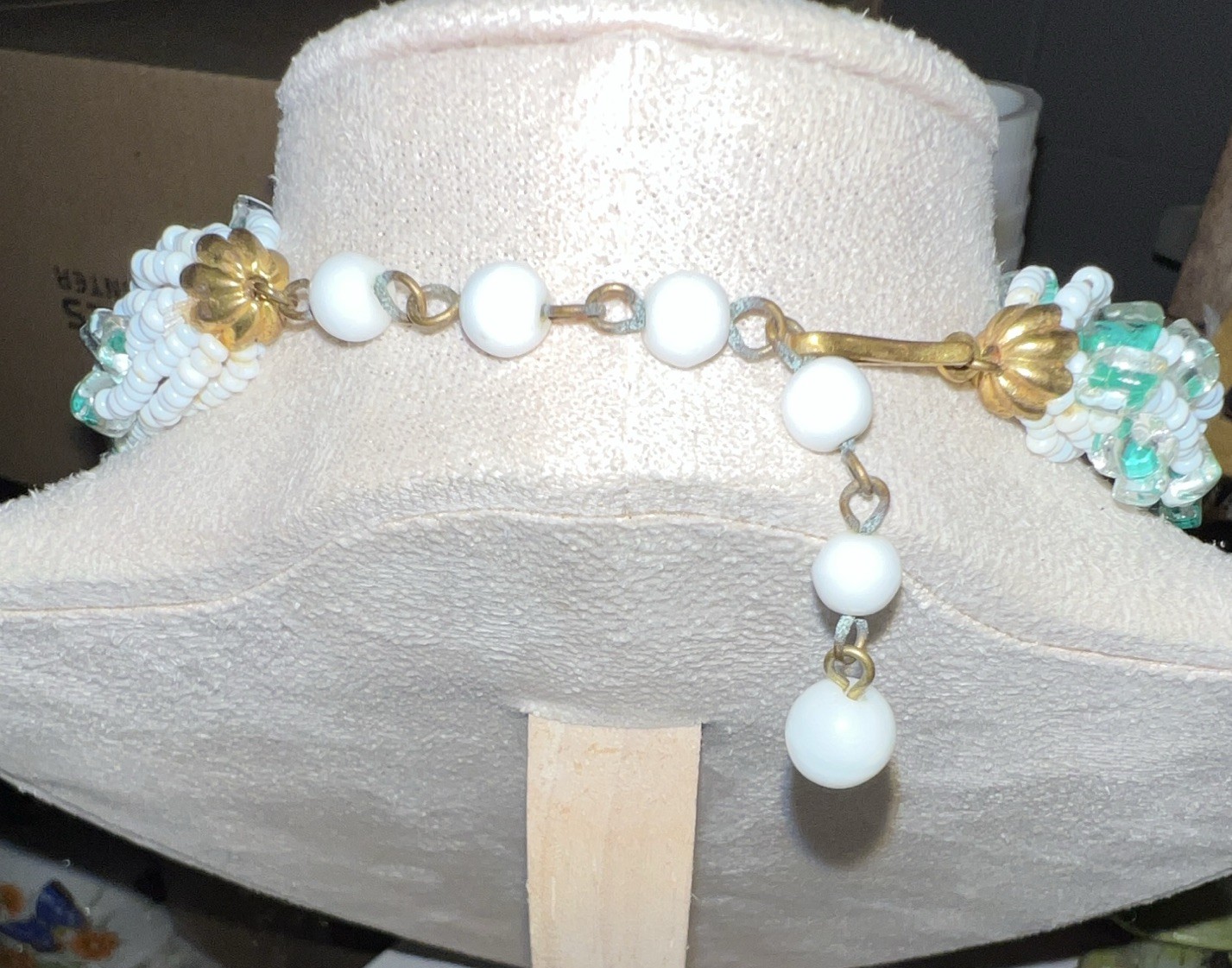 Multi-Strand Beaded Glass Necklace White/Green Signed Hook Clasp Made in Italy