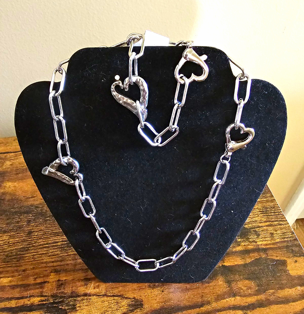 Silver Tone Link Chain Heart Charm Necklace, Lobster Clasp, Signed, Love