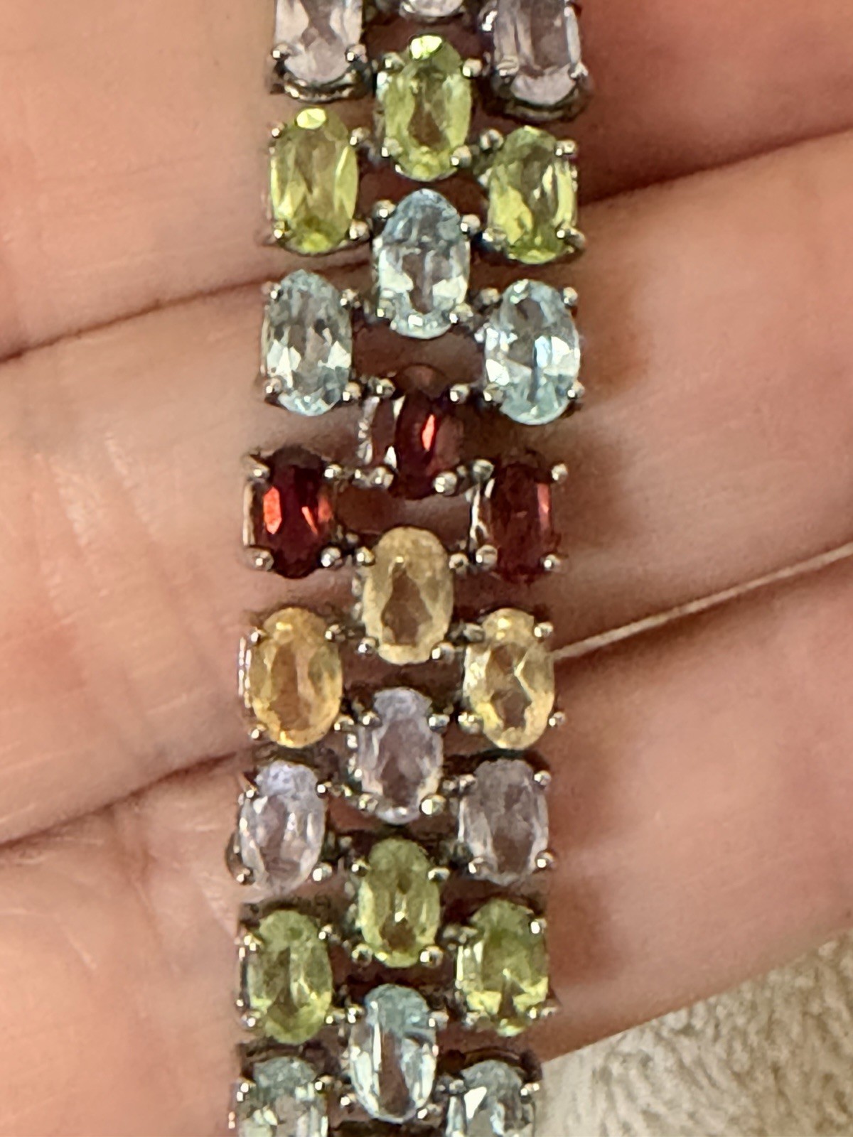 Sterling Silver 925 Multi Gemstone 3 Row Tennis Bracelet 7.25″ 21.44g Thai