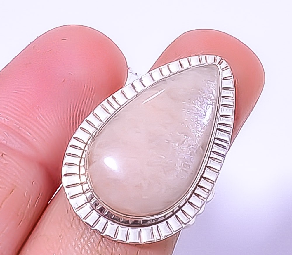 Hammer Texture-Amazonite-Beige 925 Silver Plated Jewelry Ring s.5.5 T21