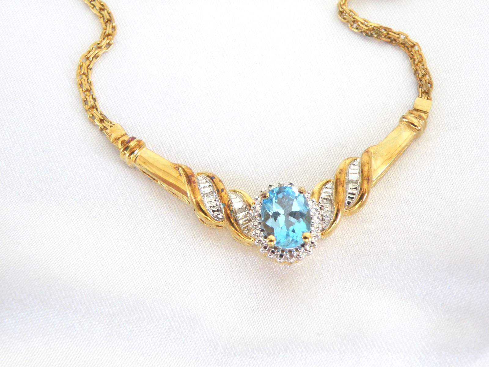 14K Gold on Sterling Silver 925 Natural Heated Blue Topaz Diamond Necklace 18″