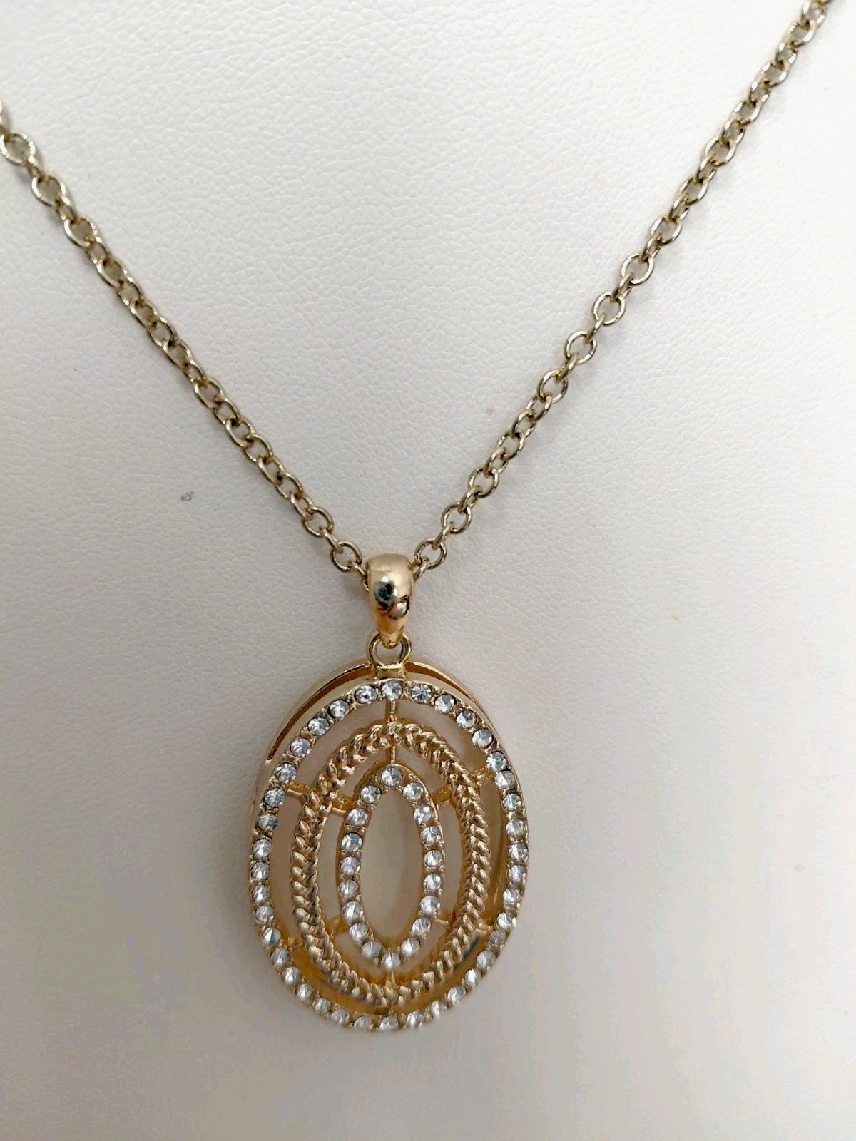 Gold Tone Oval Pendant Necklace _ Clear Rhinestone Accents _ None Missing