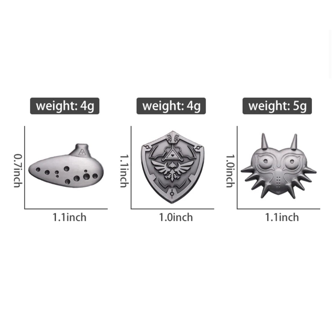Zelda Pin Set 3pc Metal Hylian Shield Majoras Mask Ocarina Silver Pin Back Fun￼