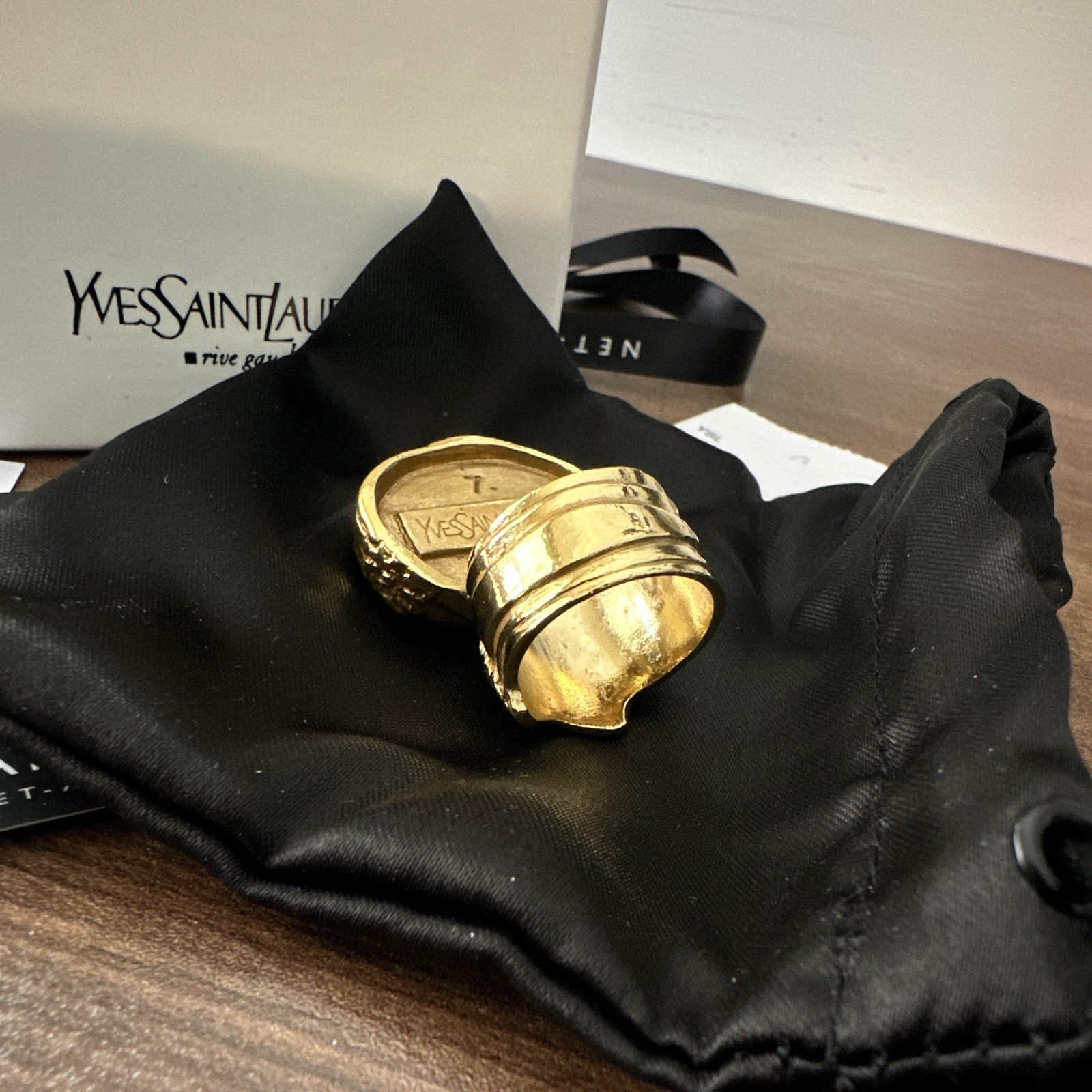 Yves Saint Laurent Signed Engraved Gold Tone Blue Oval Stone Ring Size 7
